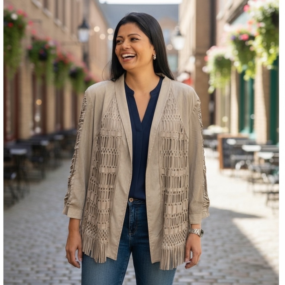 Chicos Faux Suede Fringed Boho Jacket Size 3